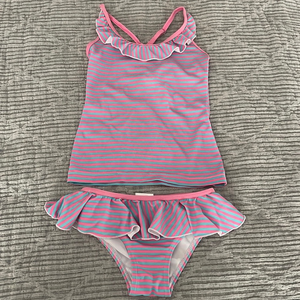 Ruffle Girl pink and blue striped tankini size 5
